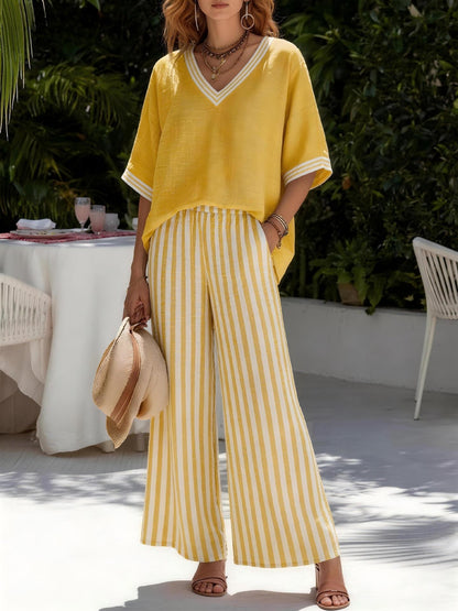 Women's Striped Wide Leg Pants V-Neck Top Two Piece Set