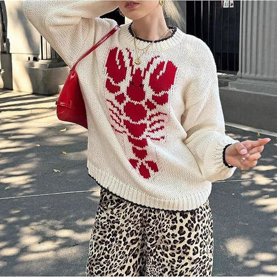 Women's Oversized Lobster Graphic Crewneck Sweater