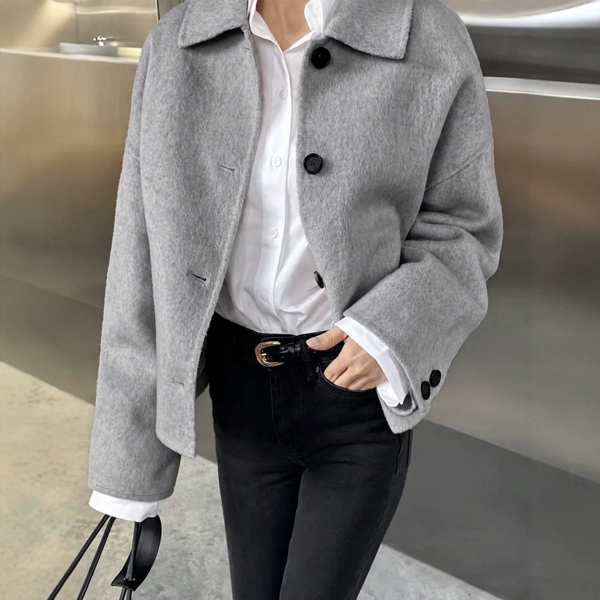 Women's Oversized Collared Button Front Textured Jacket