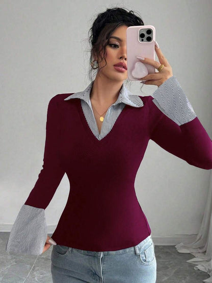 Faux Layered Collared Knit Top V Neck Long Sleeve Tee