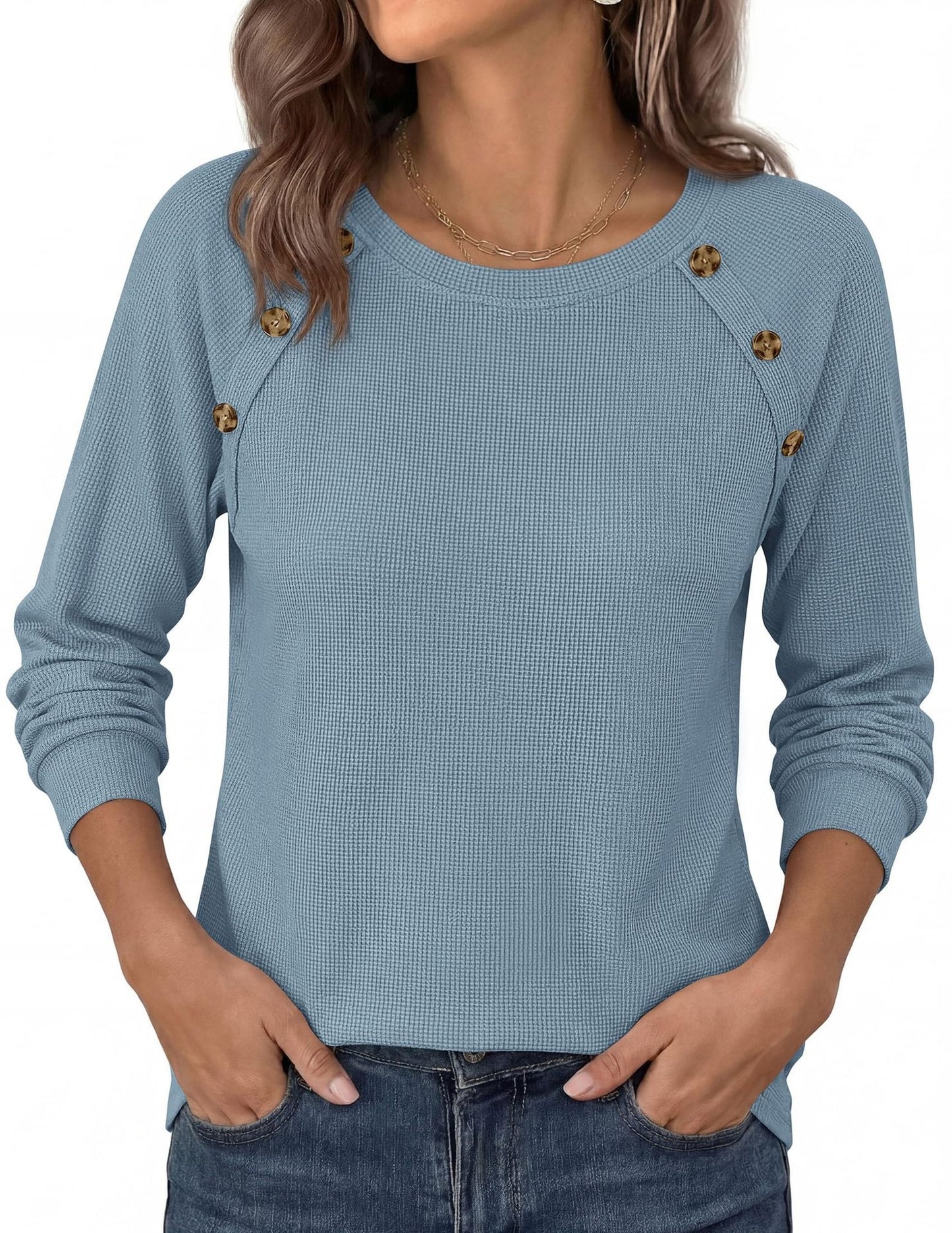 Waffle Knit Button Henley Top Crew Neck Long Sleeve Tee