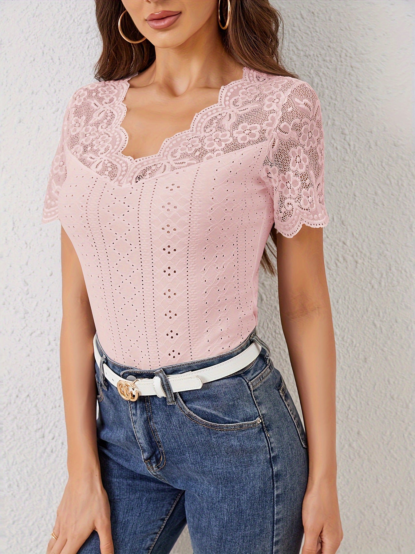 Lace Patchwork Slim Fit V-Neck Short Sleeve Top