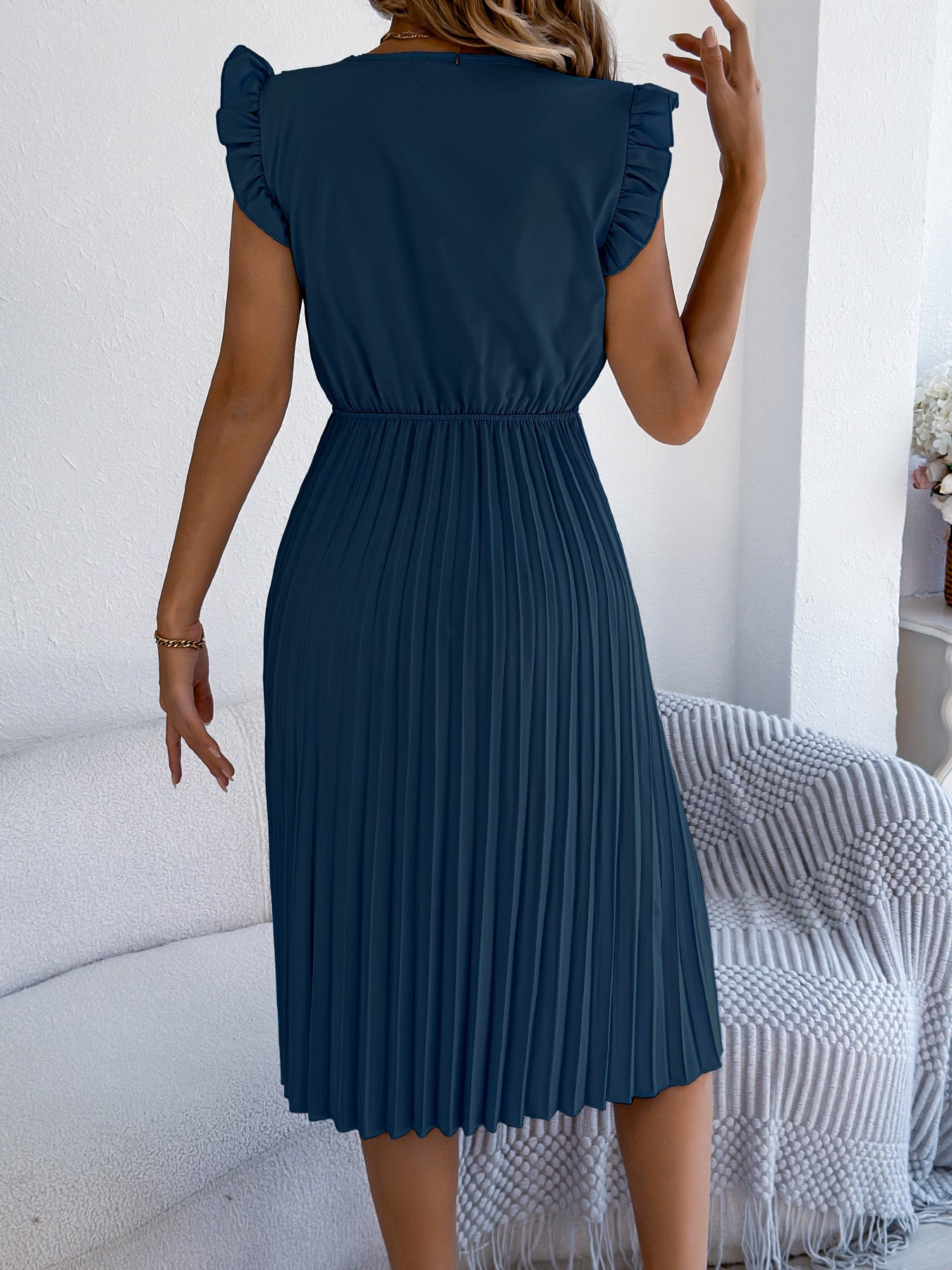 Lace V Neck Pleated Midi Dress with Ruffle Sleeves