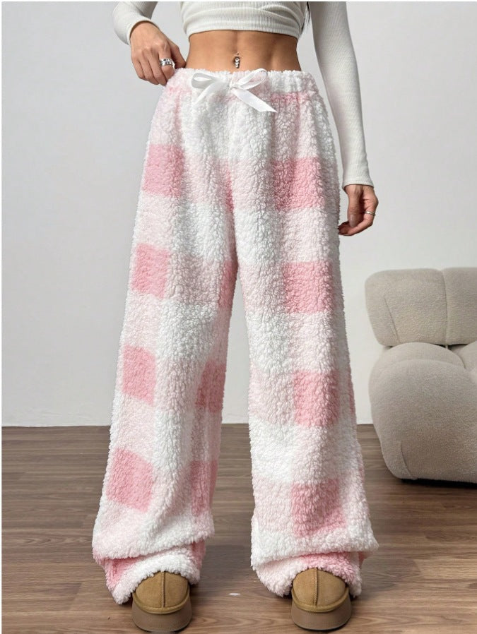 Cozy Plaid Wide Leg Pants Women Winter Drawstring Casual
