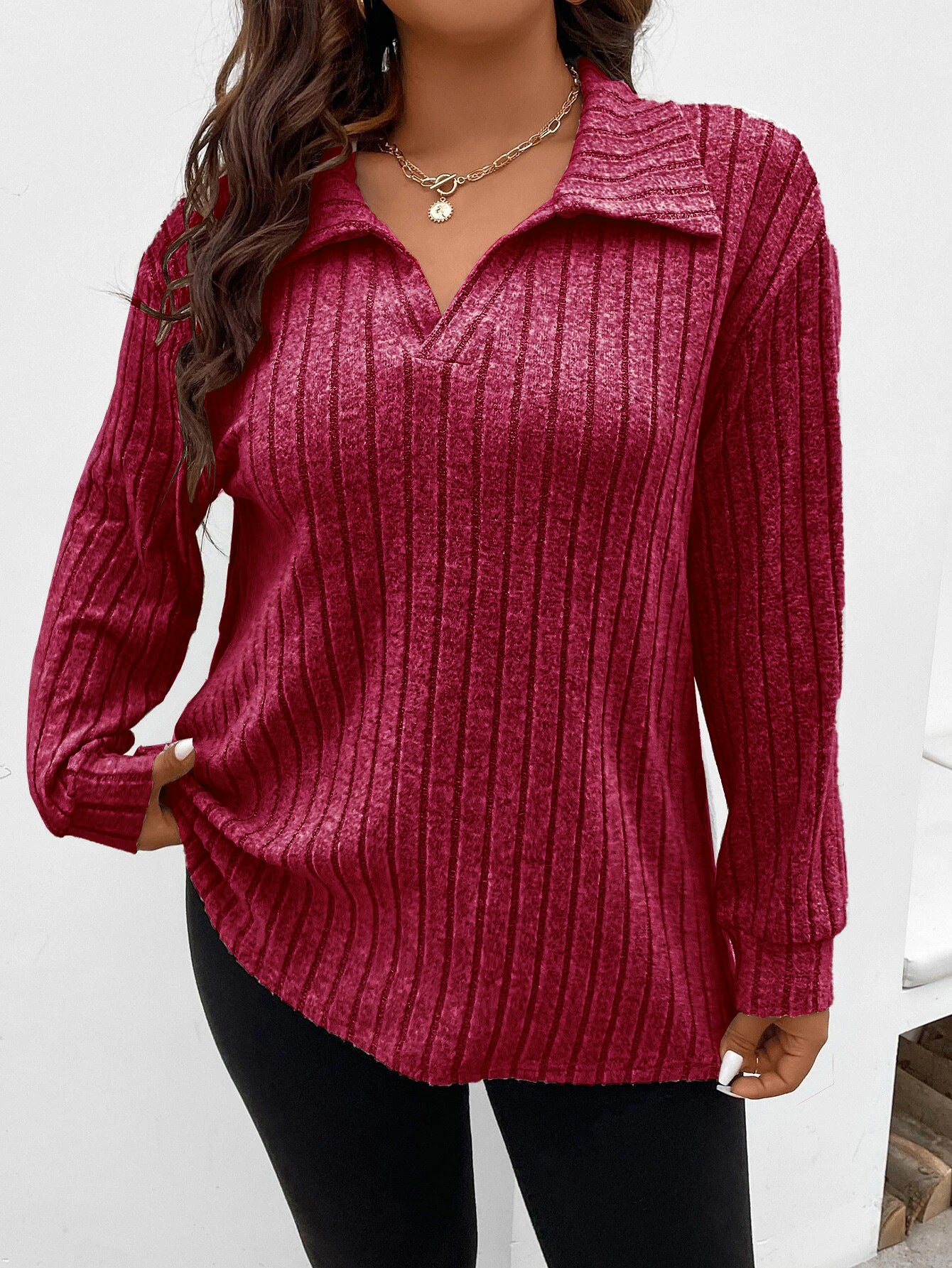 Plus Size Ribbed Long Sleeve Collared V-Neck Tunic Top