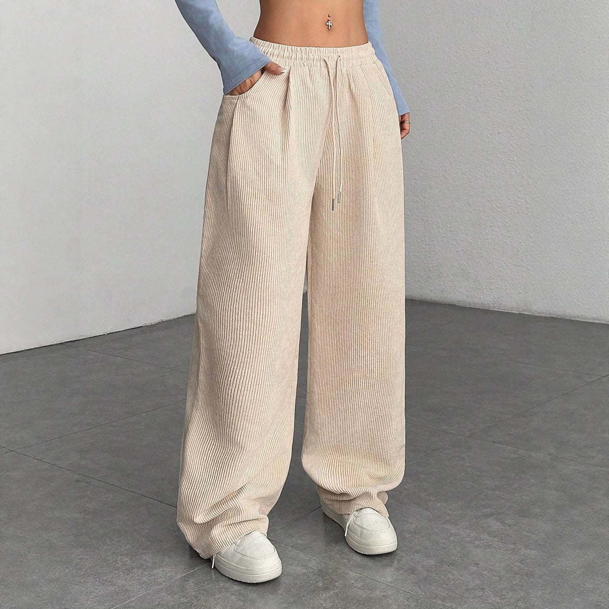 Women's Corduroy Wide Leg Pants Elastic Waist Drawstring