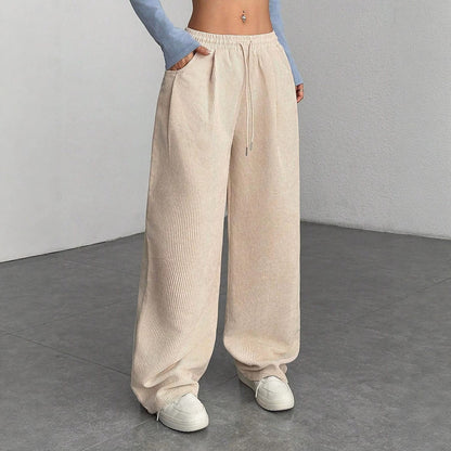 Women's Corduroy Wide Leg Pants Elastic Waist Drawstring