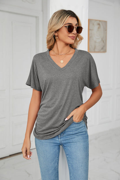 Casual V Neck Loose Fit Short Sleeve T Shirt