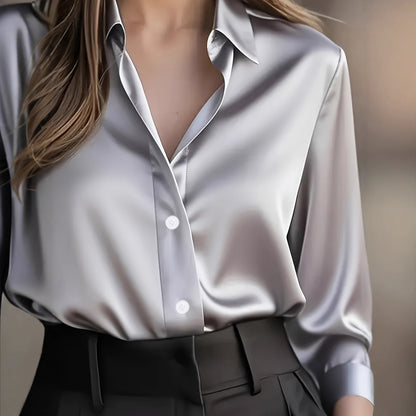Women's Satin Button Down Shirt Long Sleeve Work Blouse
