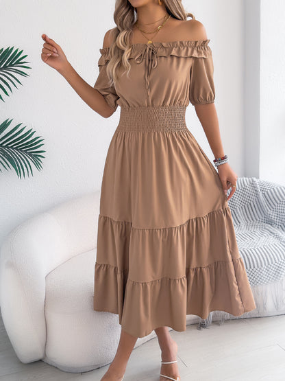 Off Shoulder Smocked Waist Maxi Dress Ruffle Sleeve