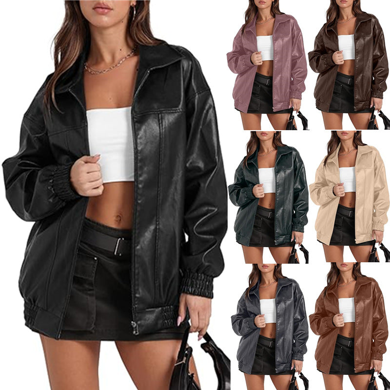 Women's Oversized Faux Leather Jacket Zip Up Collared