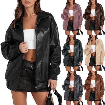 Women's Oversized Faux Leather Jacket Zip Up Collared