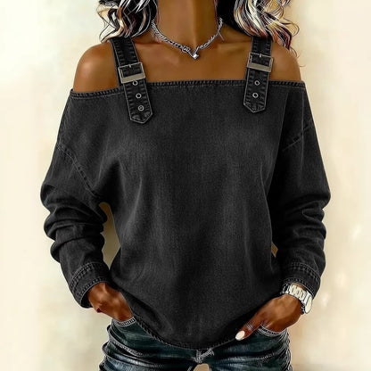 Women's Off Shoulder Denim Buckle Strap Long Sleeve Top