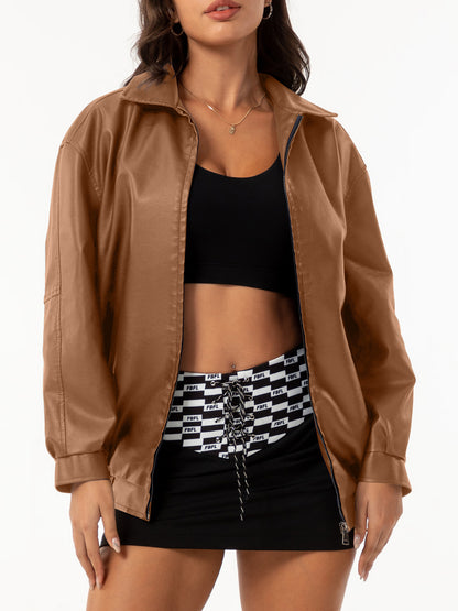 Womens Oversized Faux Leather Jacket Zip Up Casual