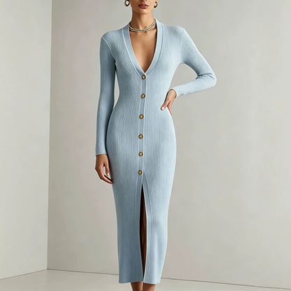 V-Neck Long Sleeve Ribbed Button Front Midi Sweater Dress