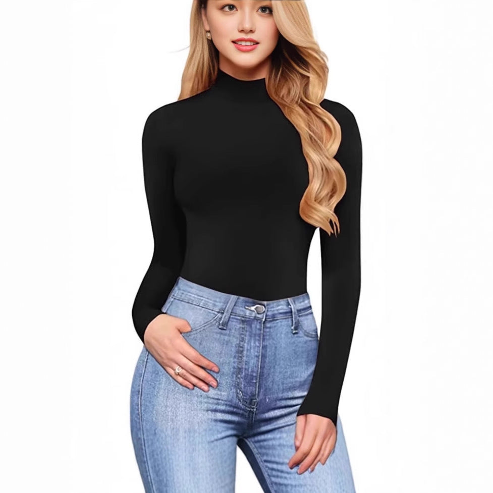 Women's Mock Neck Long Sleeve Bodysuit Black Stretchy