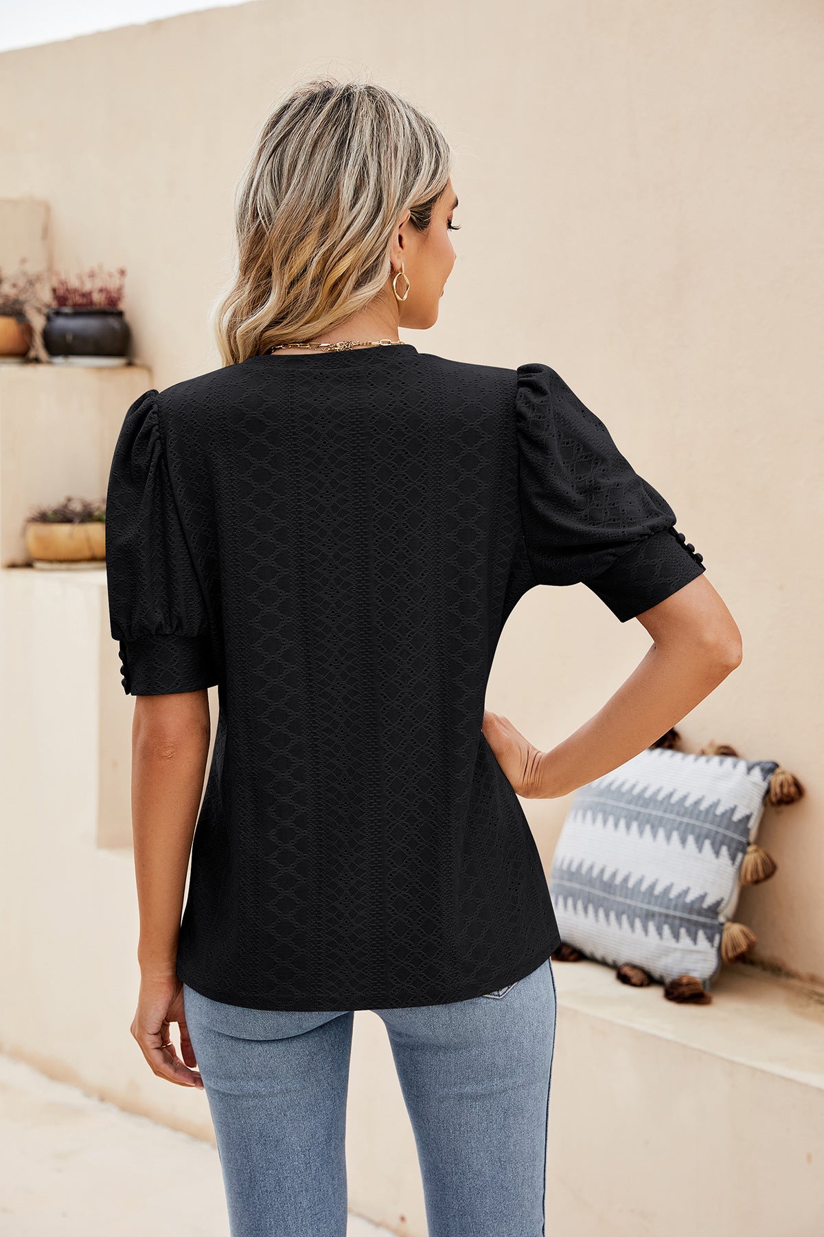 Sweet Puff Sleeve Shirt with Embroidered Cutouts