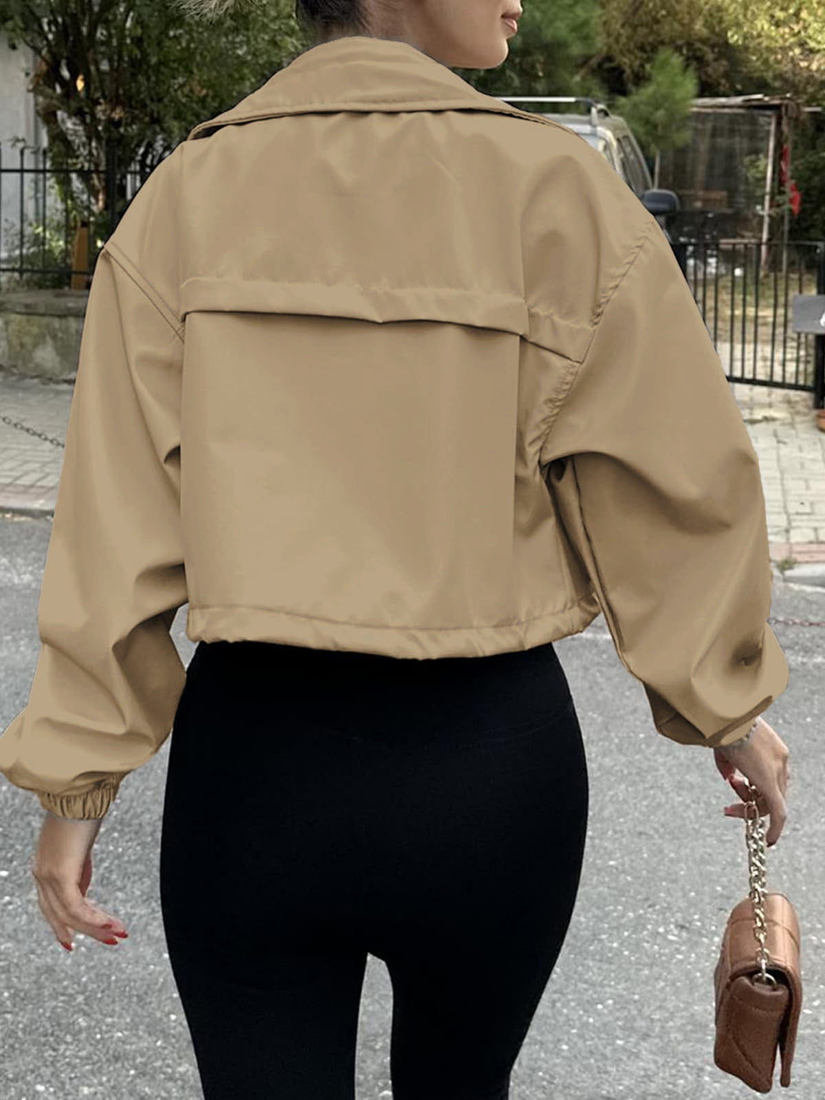 Solid cropped utility jacket zip front relaxed fit