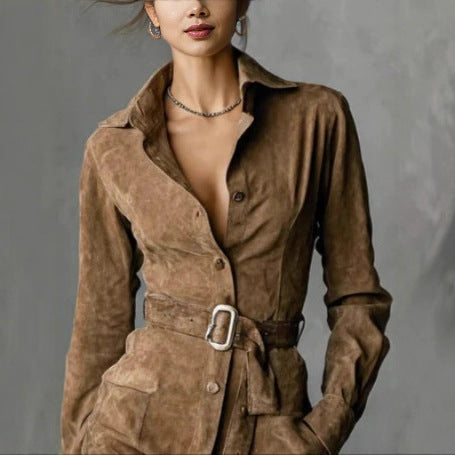 Faux Suede Western Belted Mini Shirt Dress