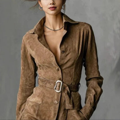 Faux Suede Western Belted Mini Shirt Dress