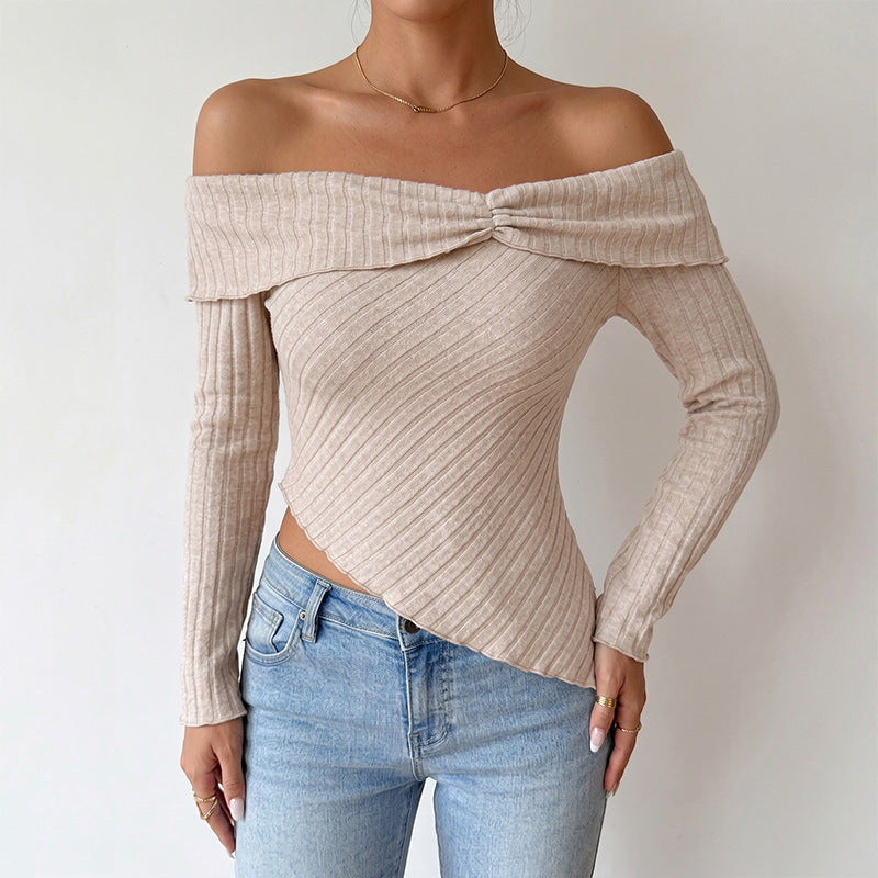 Off Shoulder Ribbed Asymmetrical Long Sleeve Top