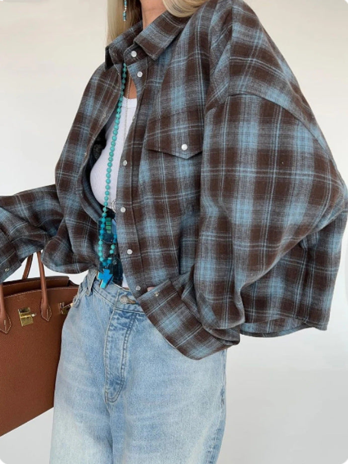 Women's Oversized Plaid Long Sleeve Button Down Shirt