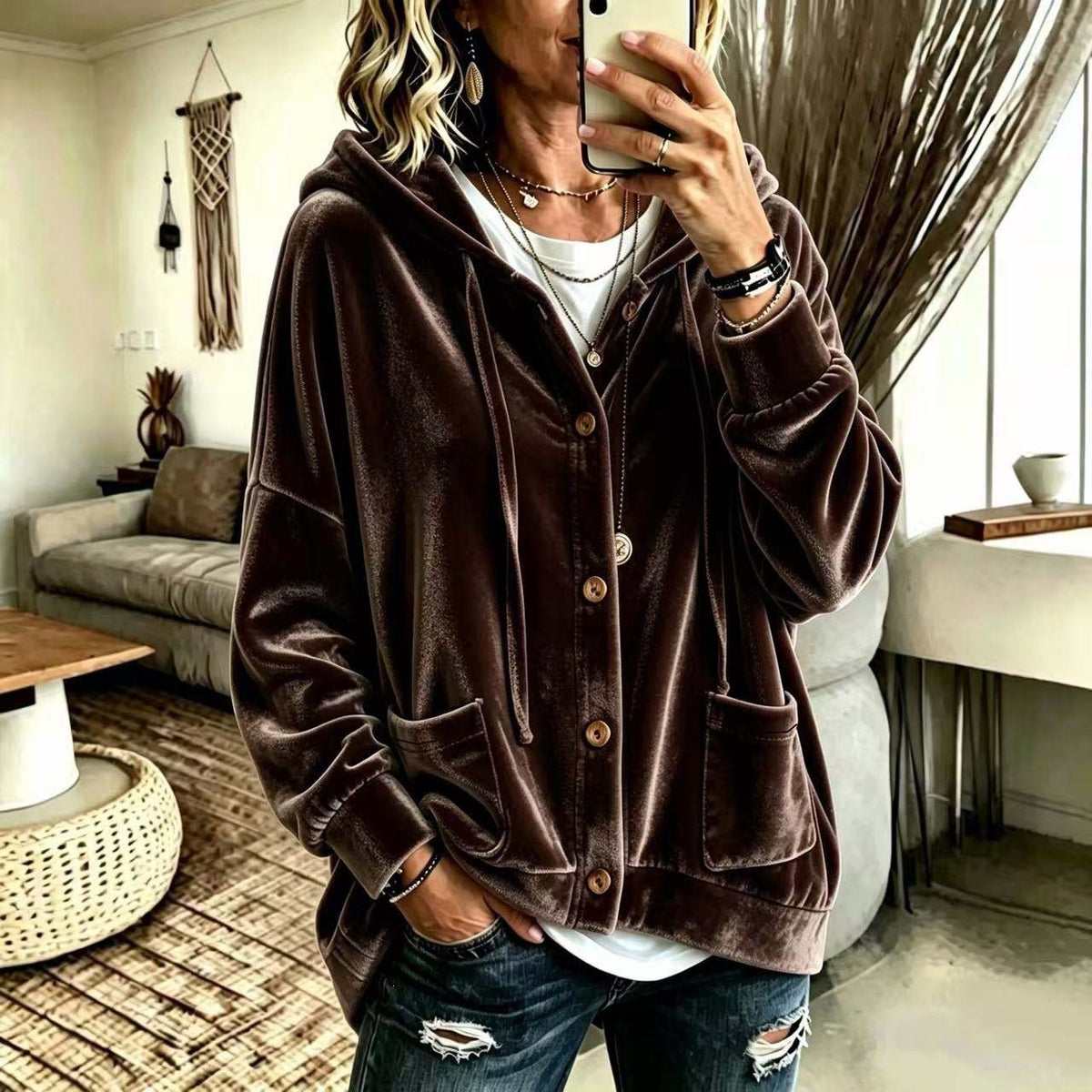 Women's Velvet Hooded Button Up Cardigan