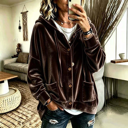Women's Velvet Hooded Button Up Cardigan