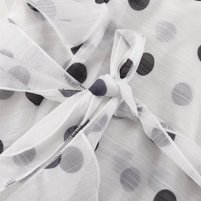 Polka Dot Ruffle Stand Collar Blouse Tie Waist Long Sleeve