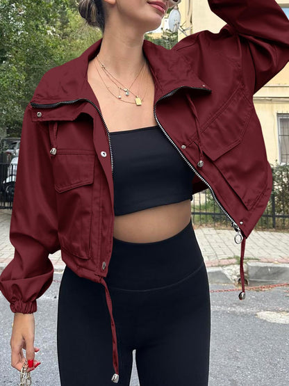Women's Oversized Zip Up Cropped Jacket Pockets