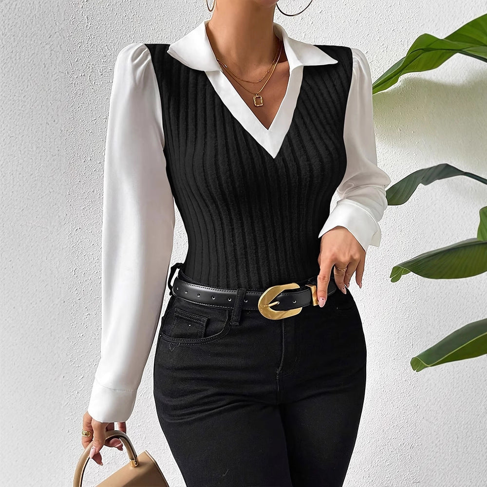 Collared V Neck Mixed Media Long Sleeve Knit Top