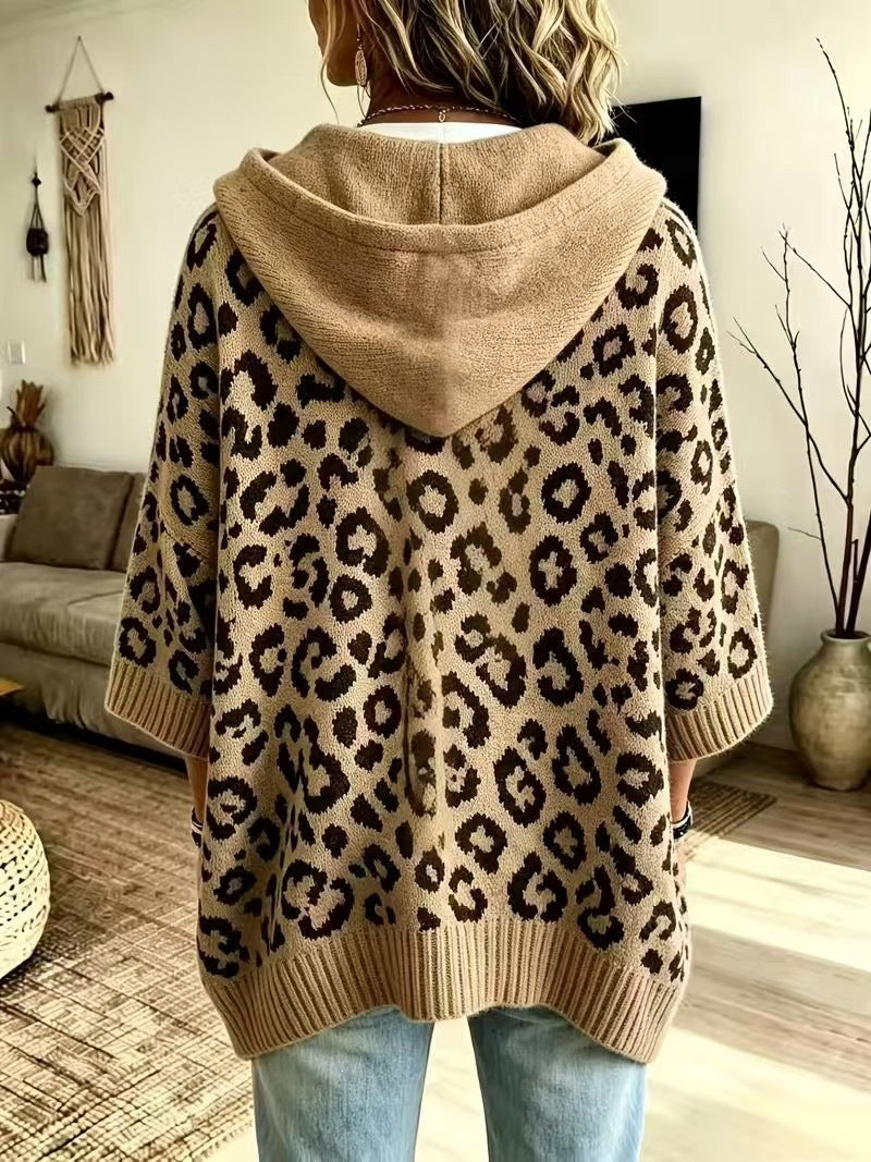 Oversized Leopard Print Hooded Knit Sweater Pullover