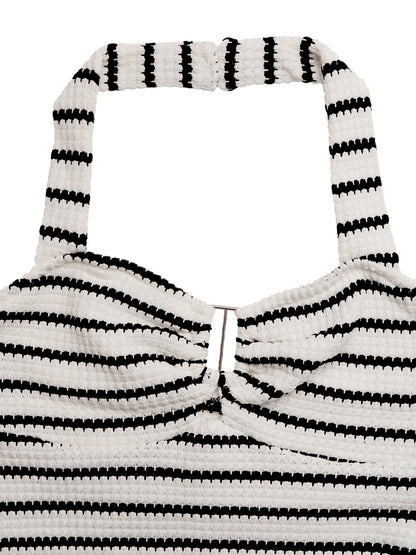 Trendy Halter Twist Striped Mini Dress Summer Casual Fit