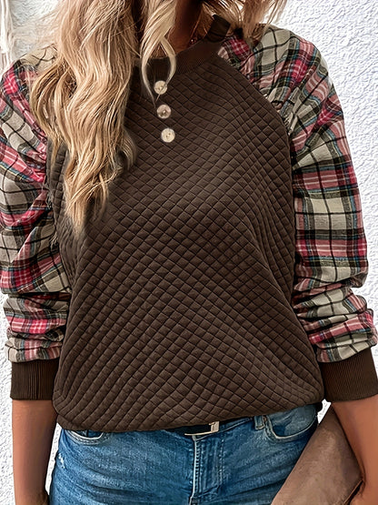 Women's Oversized Quilted Plaid Sleeve Patchwork Sweatshirt