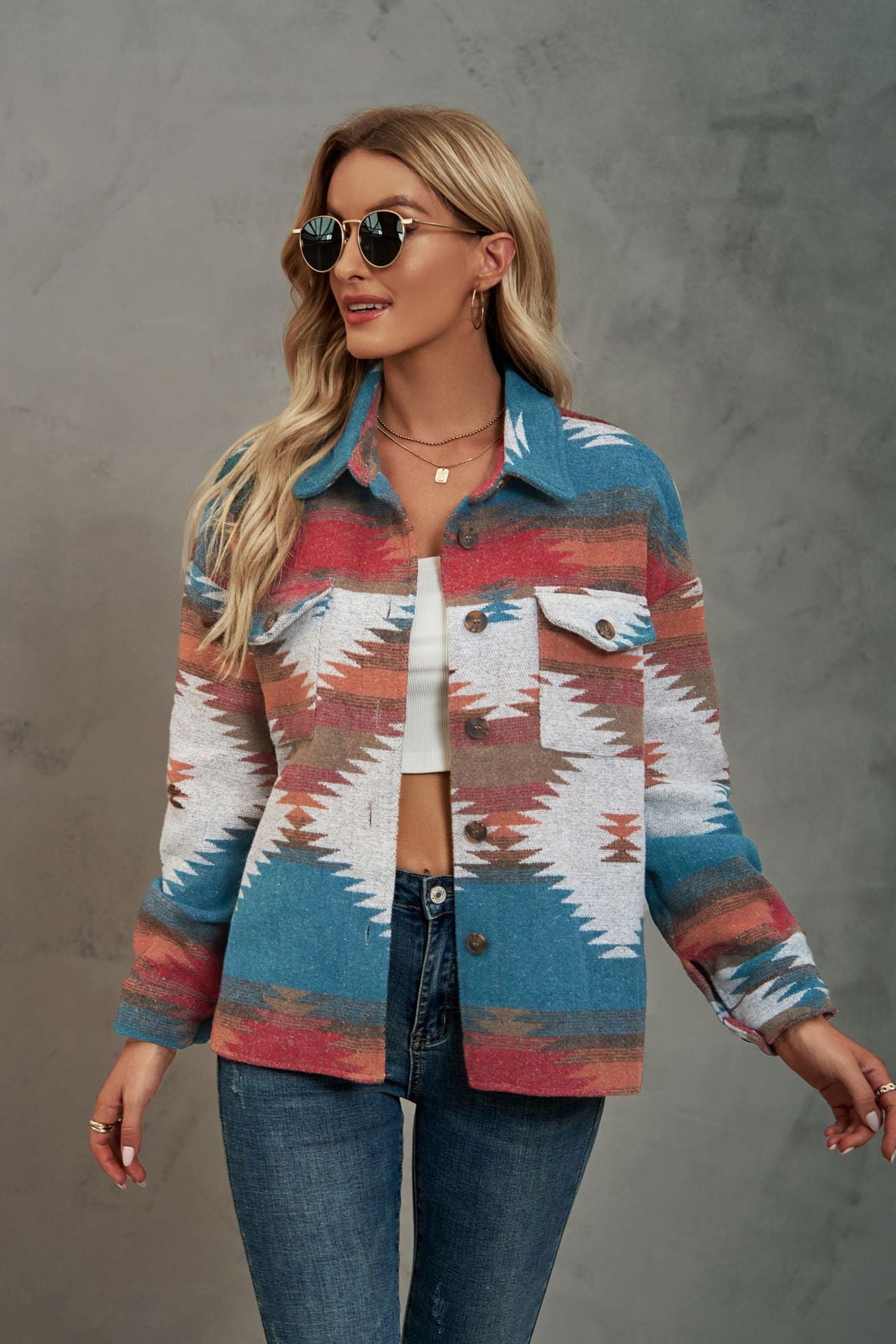 Women's Aztec Shacket Oversized Button Front Jacket