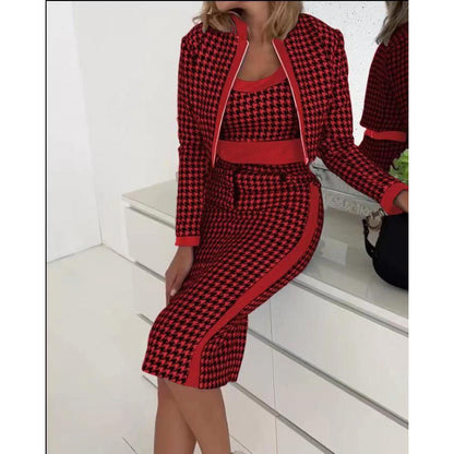 Women's Houndstooth 3 Piece Skirt Set Long Sleeve