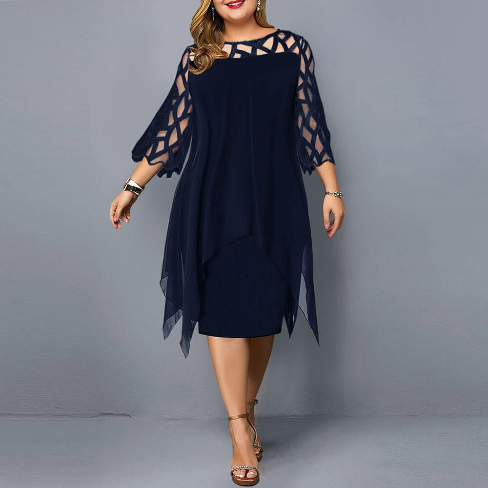 Plus Size Lace Chiffon Midi Dress Asymmetrical 3/4 Sleeve