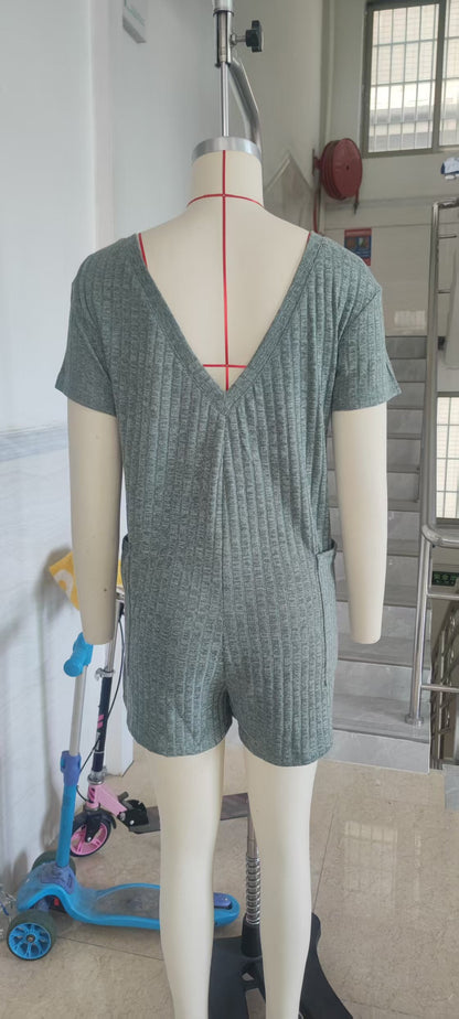 Waffle Knit Pocket Romper Loose Short Sleeve Lounge Set