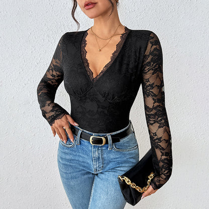 Black Lace V Neck Long Sleeve Slim Fit Bodysuit