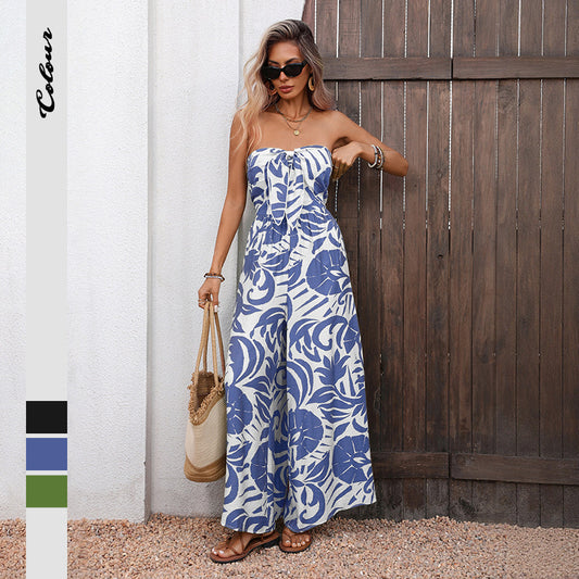STropical Leaf Print Strapless Wide Leg Resort Jumpsuit