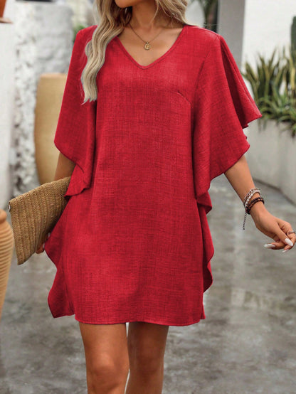 Flowy V-Neck Ruffle Sleeve Summer Dress Loose Fit