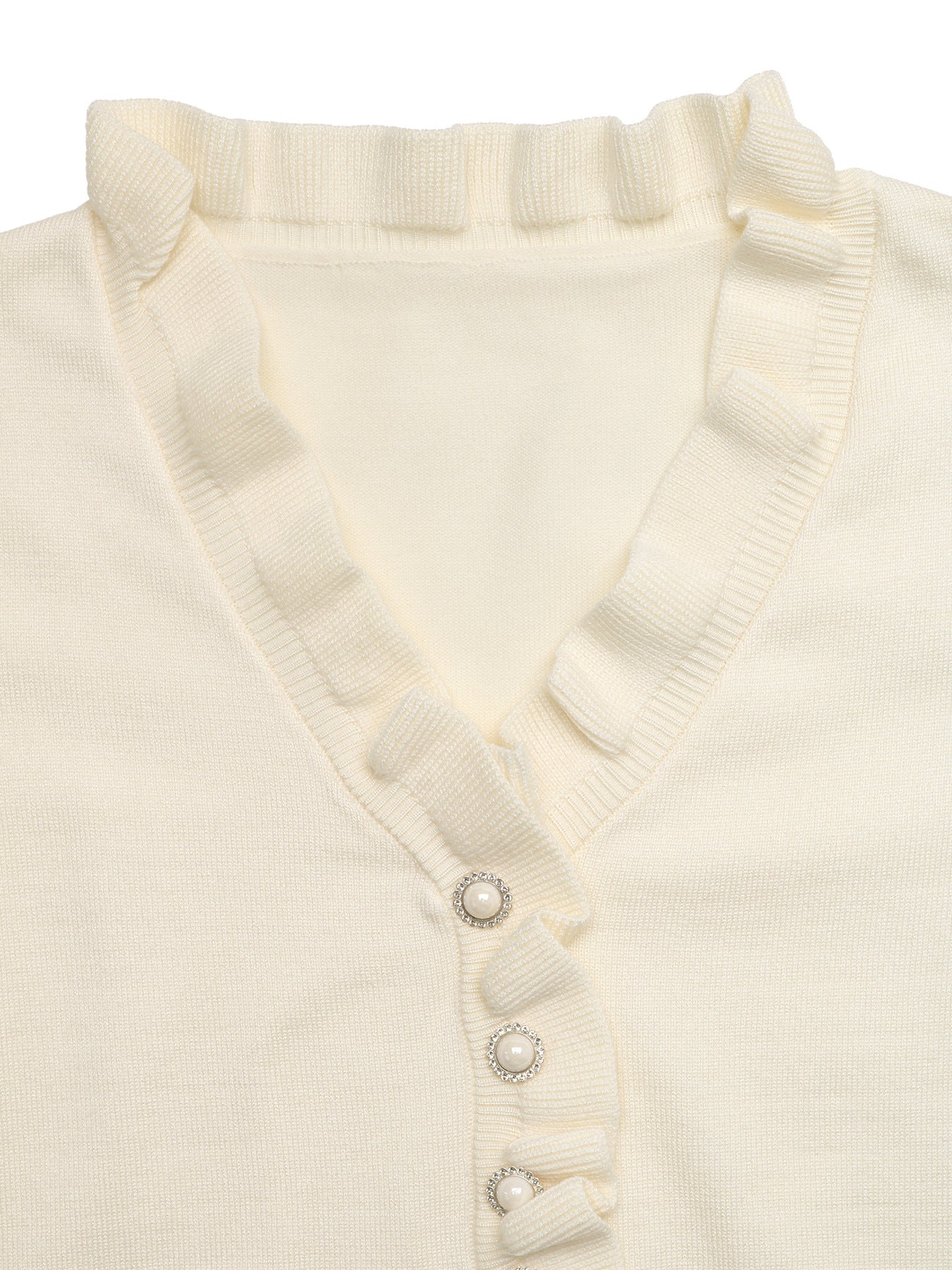Ruffle Trim V Neck Sweater Pearl Button Pullover