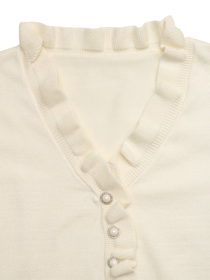 Ruffle Trim V Neck Sweater Pearl Button Pullover