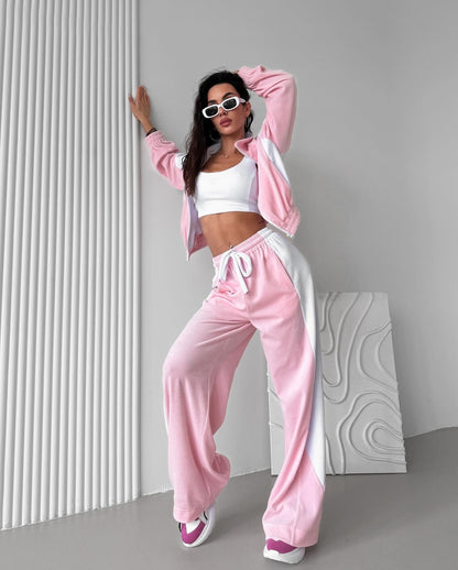 Velvet Tracksuit Color Block Zip Jacket Pants Set