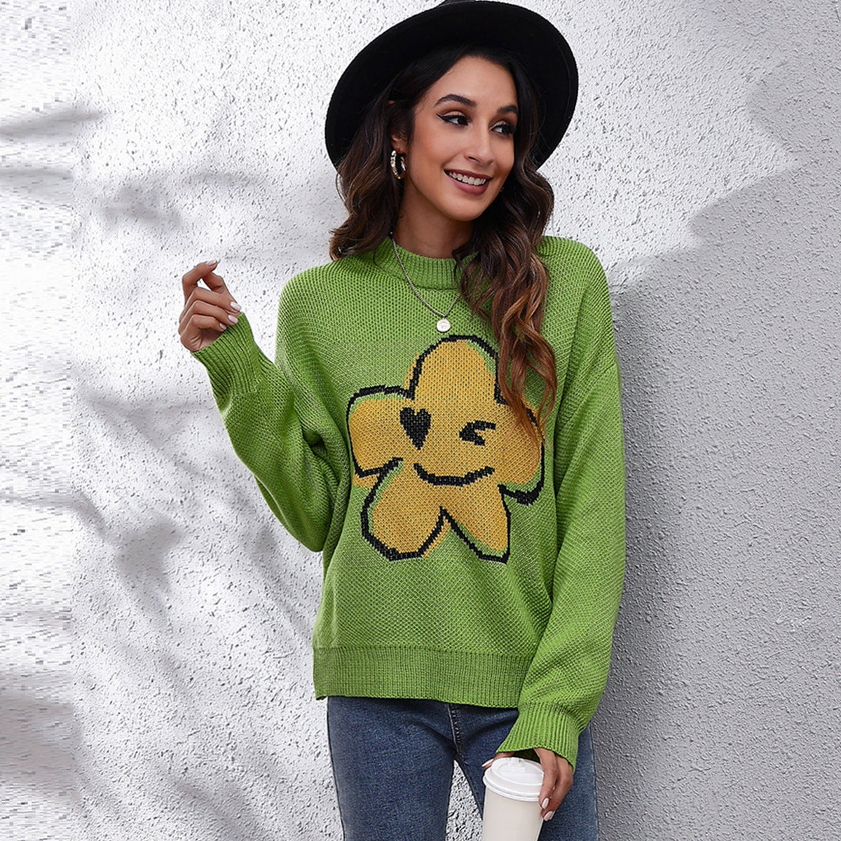 Cute Smiley Flower Oversized Crew Neck Knit Sweater