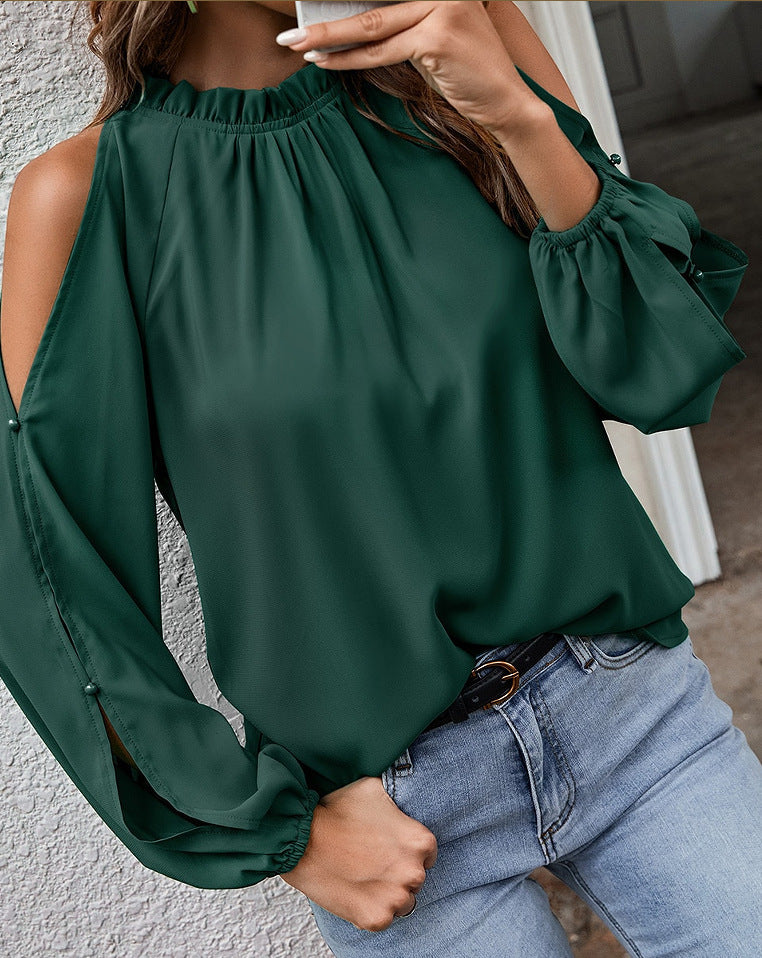 Ruffle Mock Neck Cold Shoulder Chiffon Blouse