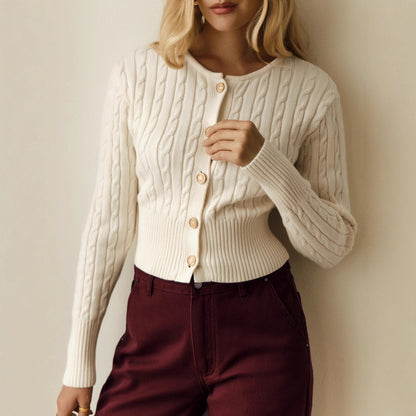 Women's Cable Knit Button Front Cropped Cardigan Sweater