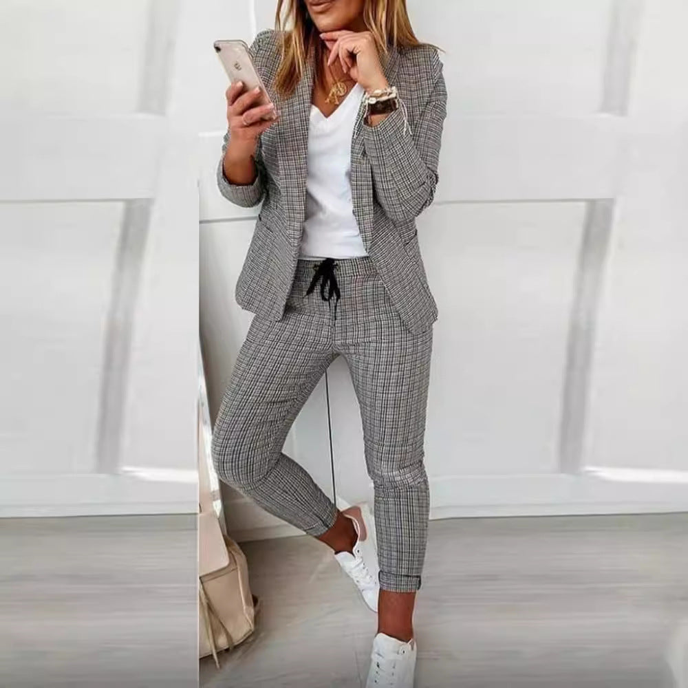 Women's Plaid Blazer Pants Set 2 Piece