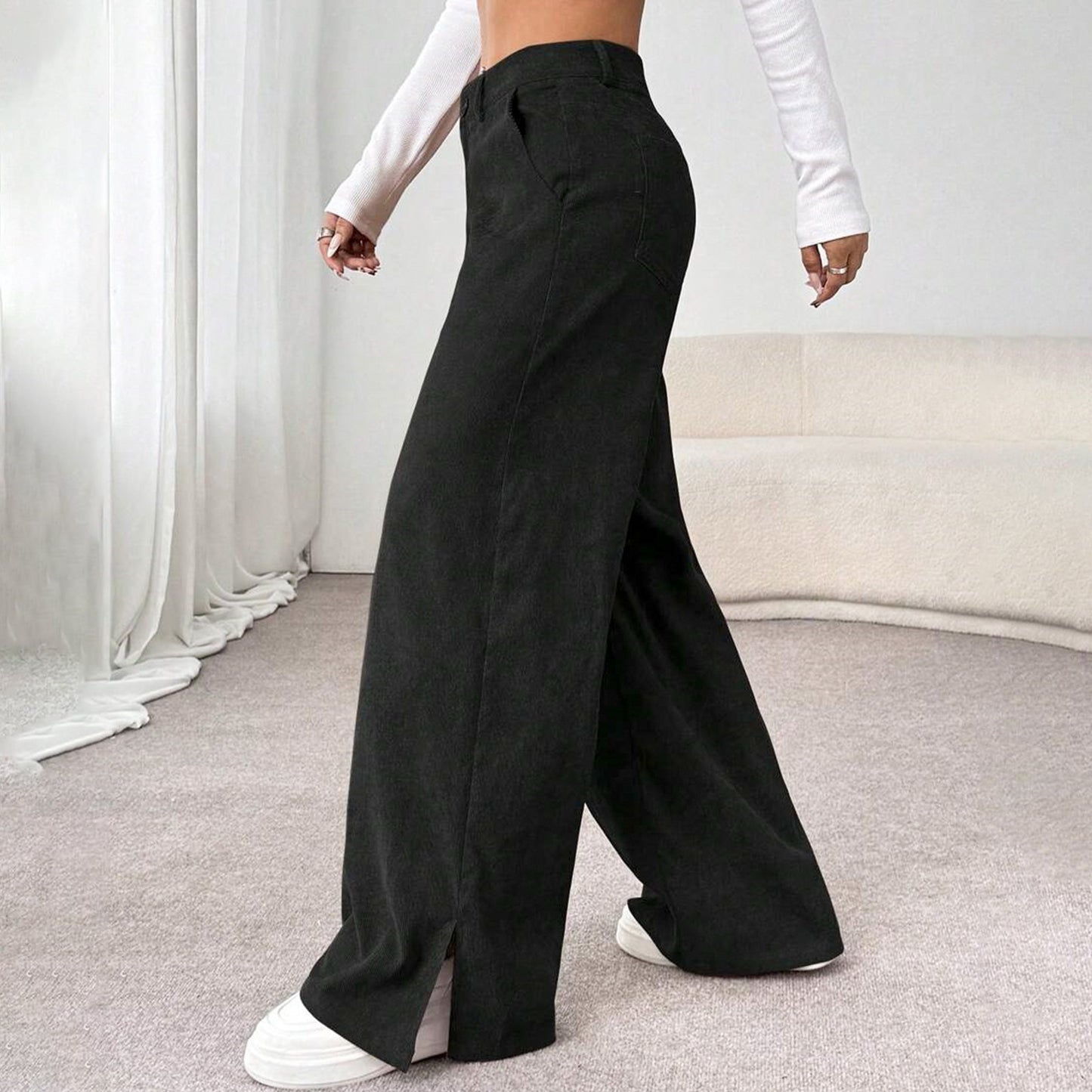 Women's Corduroy Wide Leg Pants Split Hem Pockets