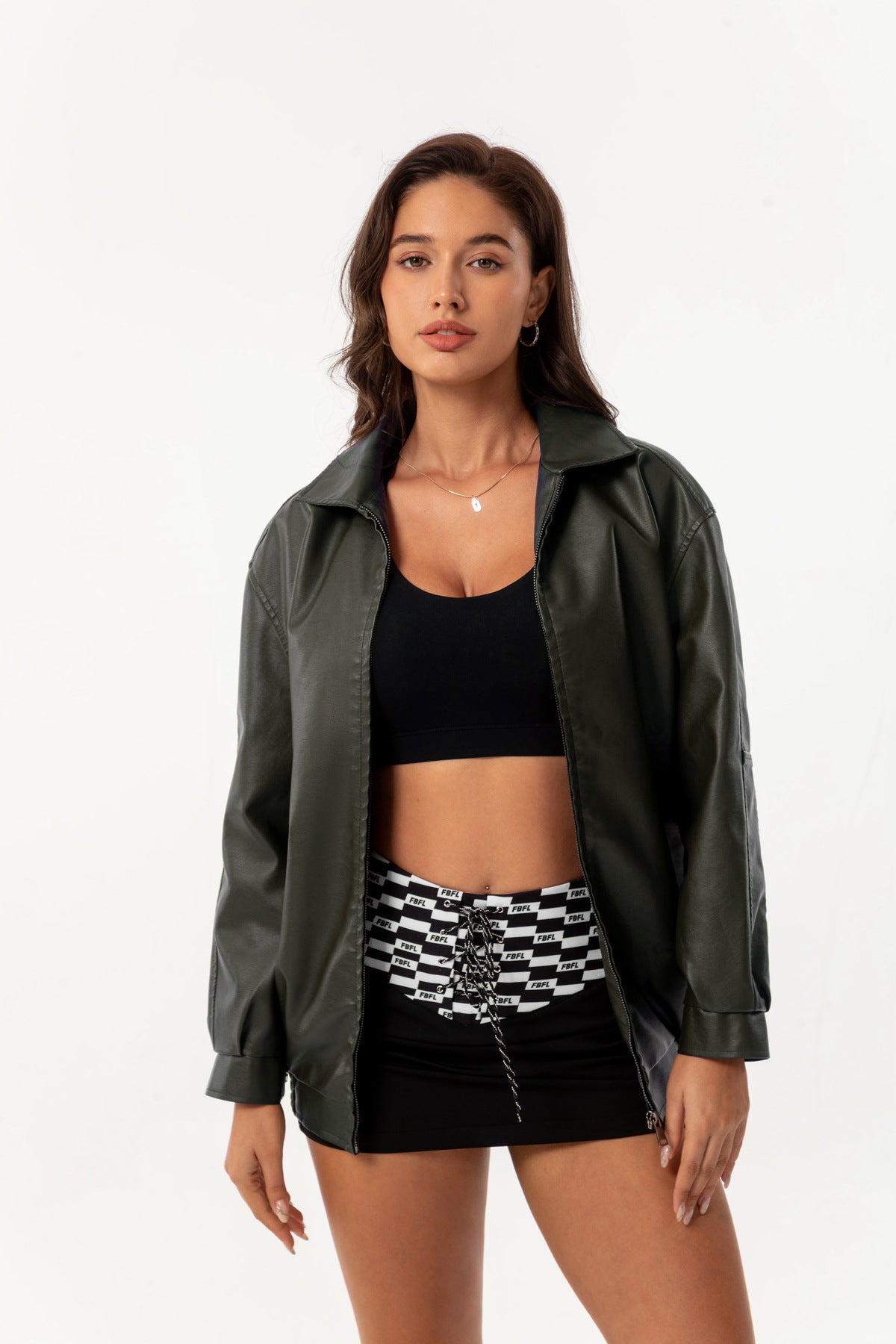 Womens Oversized Faux Leather Jacket Zip Up Casual